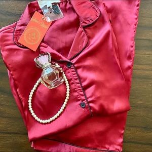 Women Red Silky Satin Pajama Set